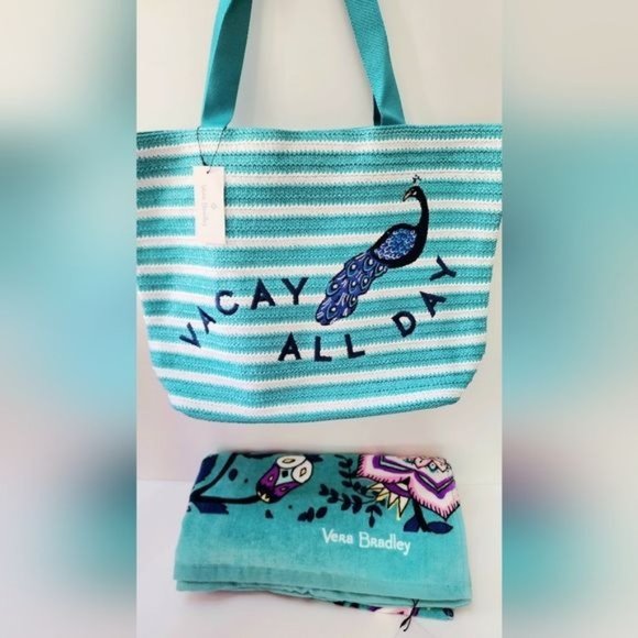 Vera Bradley Beach Towel, Straw Tote & Wallet BUNDLE in Peacock Garden … - Picture 1 of 14